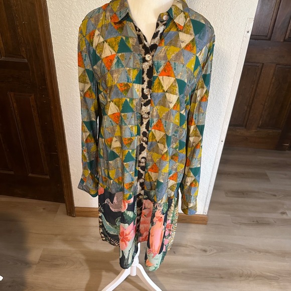 JOHN MARK Patchwork Geometric Floral Print Long Sleeve Shirt Dress Size L Birds - Picture 4 of 16